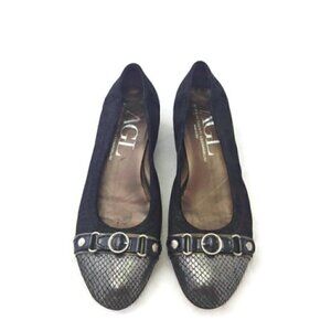 AGL Attilio Giusti Leombruni Wedge 8.5 Suede Snakeskin Buckle Black Luxury Shiny